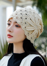 Spring And Autumn Retro Handmade Beige Hook Flower Hollow Knitted Hat