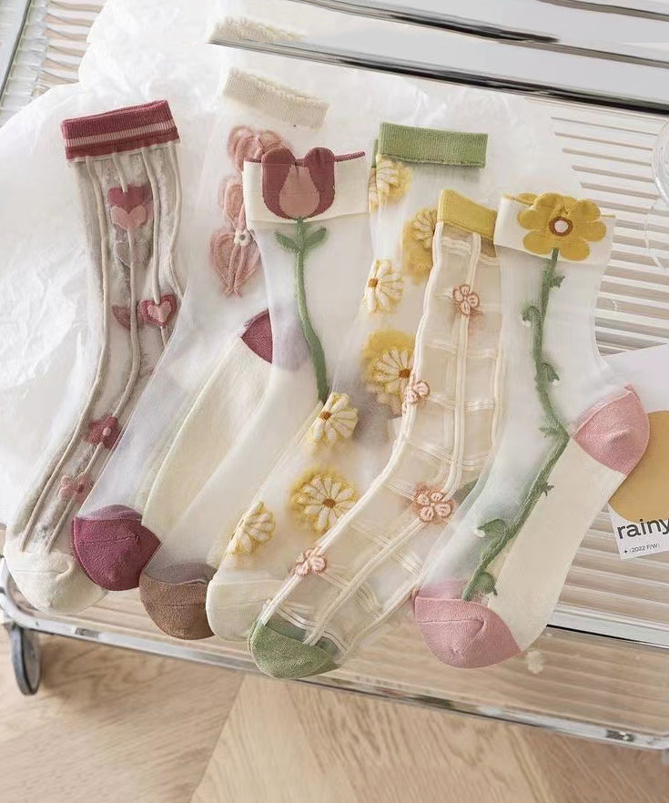 Spring And Summer Flower Embroidered Sheer Mesh Crew Socks