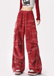 Spring Casual Red Tie Dyed Pocket Corduroy Straight Pants