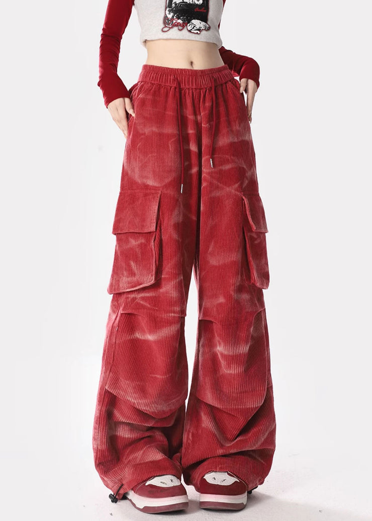 Spring Casual Red Tie Dyed Pocket Corduroy Straight Pants