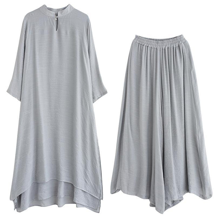 Spring Gray Medium Length Dress Casual Wide Leg Pants Two Piece Set - SooLinen