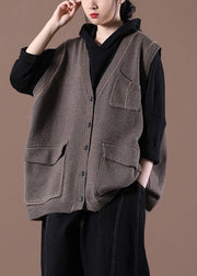 Spring New Coffee Women's Korean Large Multi Pocket Knitted Vest - SooLinen