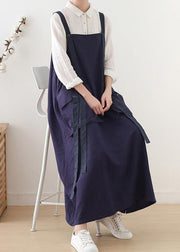 Spring Summer Cotton Skirt Blue Loose Large Sleeveless Dress - SooLinen