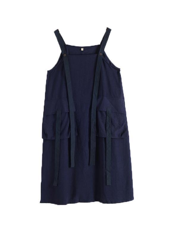 Spring Summer Cotton Skirt Blue Loose Large Sleeveless Dress - SooLinen