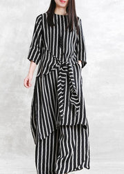 Spring loose multi-fit seven-point sleeve suit female long thin stripe shirt casual wide-leg pants - SooLinen