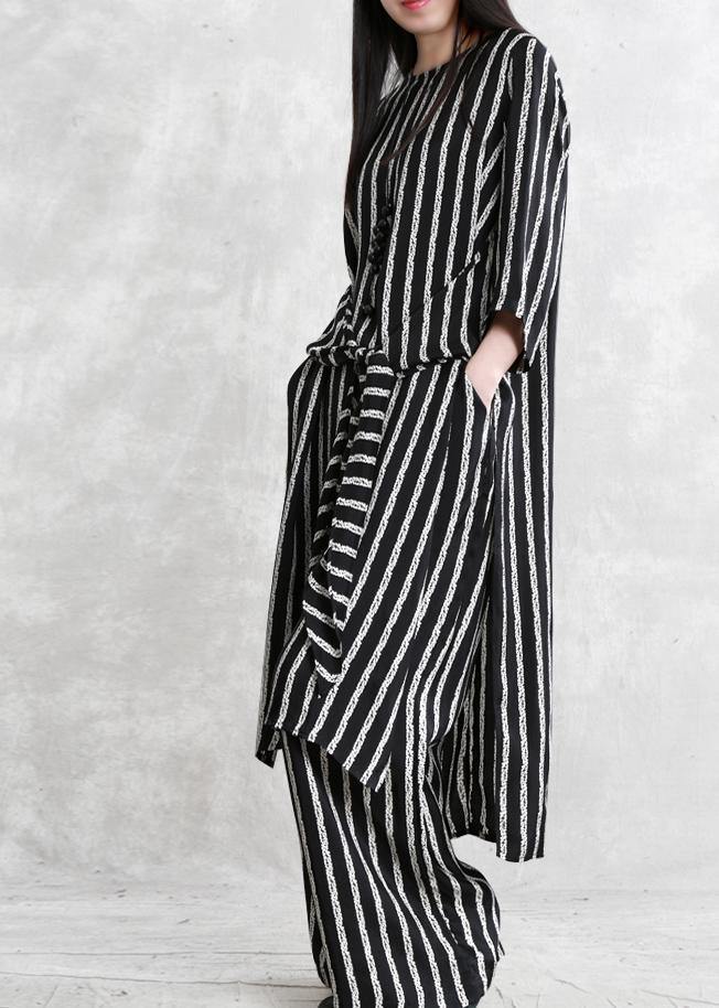 Spring loose multi-fit seven-point sleeve suit female long thin stripe shirt casual wide-leg pants - SooLinen