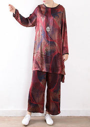 Spring loose plus size silk chiffon wide-leg pants red print two-piece suit - SooLinen