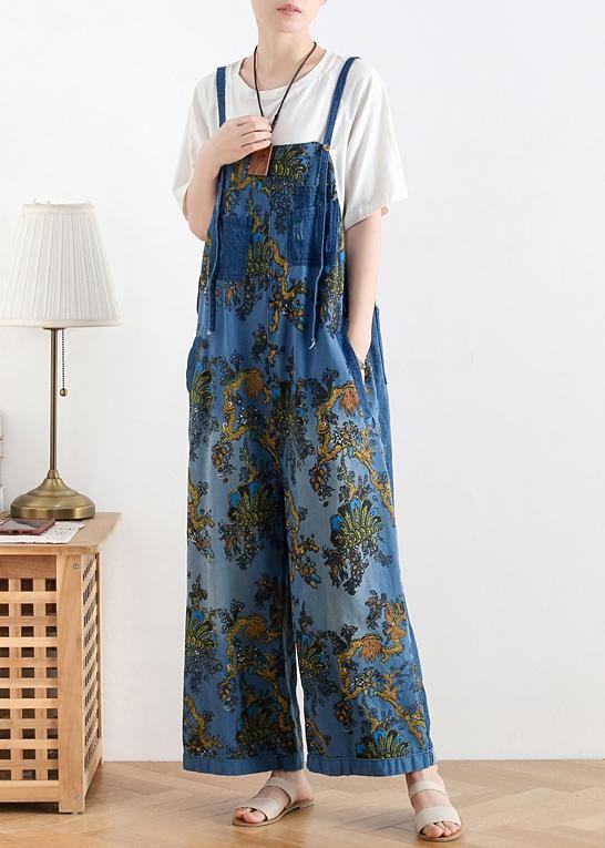 Spring original literary fashion retro ethnic style blue printed loose denim overalls - SooLinen