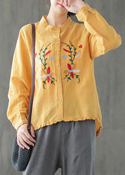 Stand Collar Spring Embroidery Blouse Irregular Hem