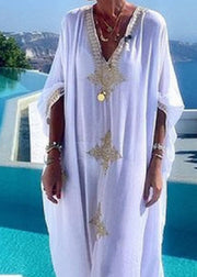 Statement Embroidered Beach Vacation White Long Dress