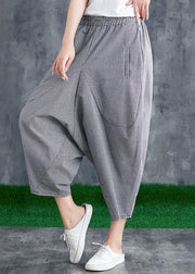 Stitching Cotton Linen Drop Crotch Pants Summer Linen Plaid Loose Large Size - SooLinen