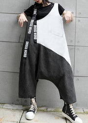 Strap  retro black gray patchwork overalls casual pants jeans women - SooLinen