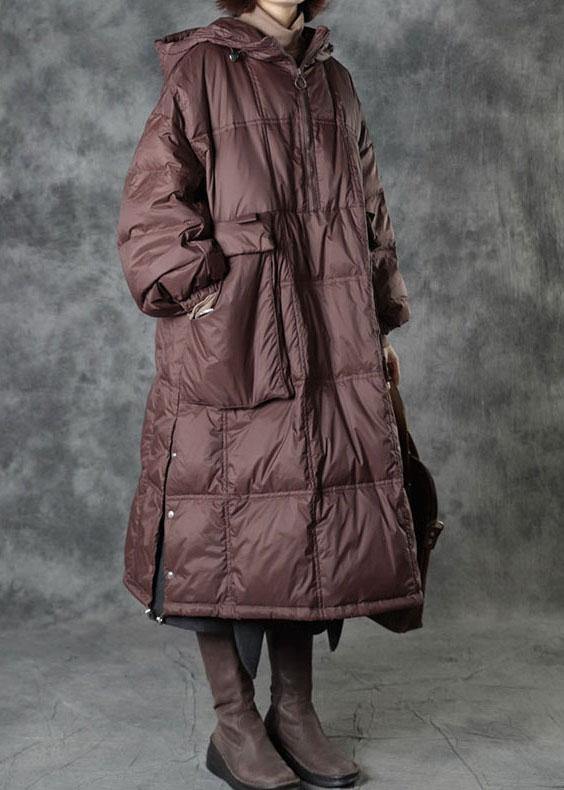 Street Chocolate Hooded Pockets Button Winter Zippered Duck Down Winter Coats Long Sleeve - SooLinen
