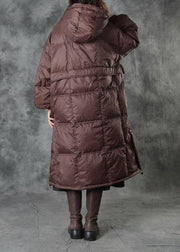 Street Chocolate Hooded Pockets Button Winter Zippered Duck Down Winter Coats Long Sleeve - SooLinen