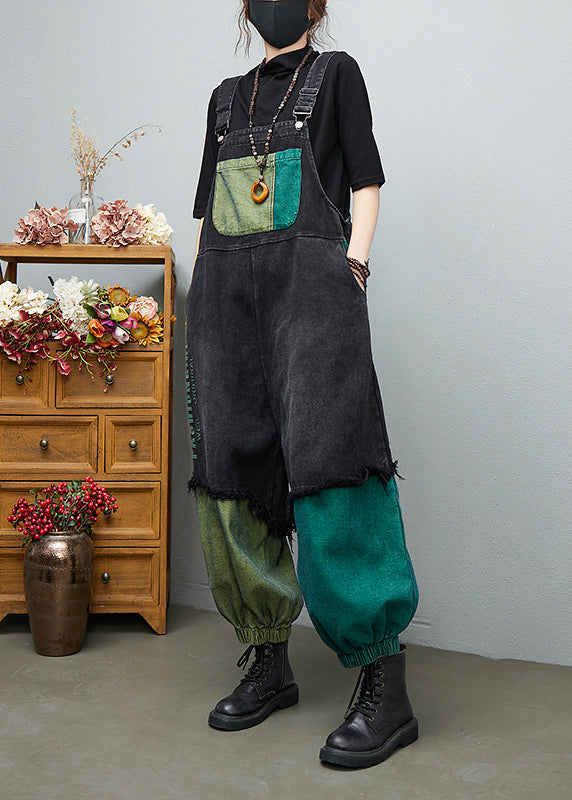 Streetwear Black Asymmetrical Pocket Cotton denim Jumpsuit Spring