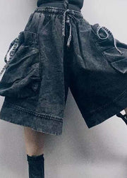 Streetwear Schwarz Elastische Taille Große Taschen Baumwolle Breite Led Shorts Sommer