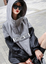 Streetwear Black Grey Hooded Patchwork Drawstring Leather Pullover Coats Long Sleeve