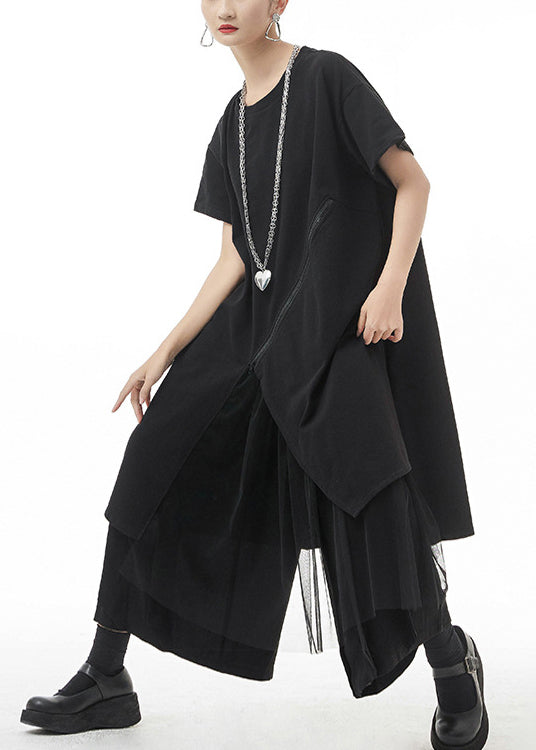 Streetwear Schwarzes asymmetrisches Maxikleid mit O-Ausschnitt und kurzen Ärmeln