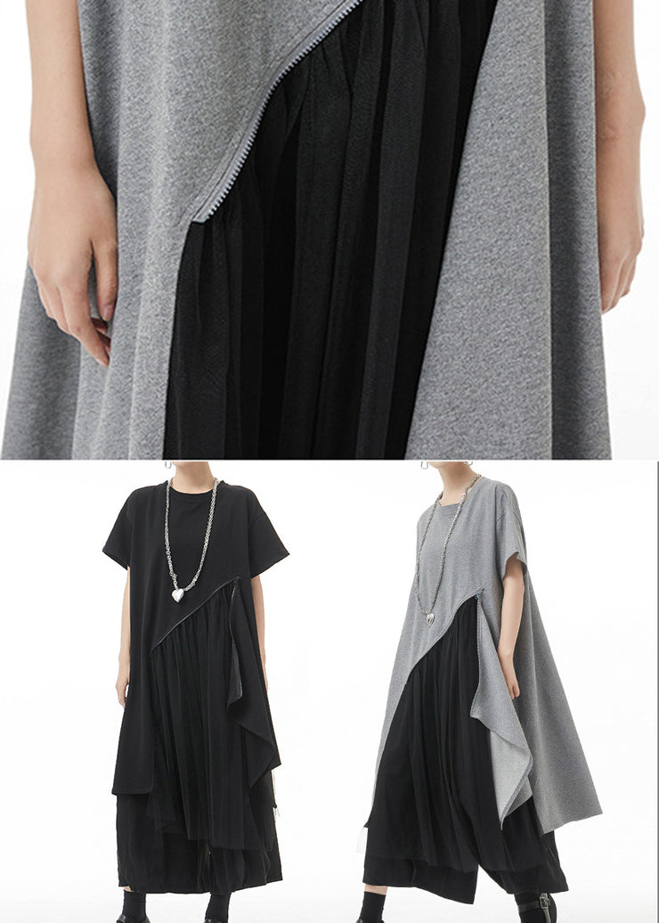 Streetwear Black O-Neck Asymmetrical Maxi Dress Short Sleeve