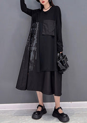Streetwear Black O-Neck Asymmetrical Patchwork Pockets Dress Long sleeve