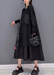 Streetwear Schwarzer O-Ausschnitt, asymmetrisches Patchwork-Taschenkleid mit langen Ärmeln