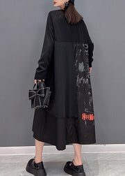 Streetwear Schwarzer O-Ausschnitt, asymmetrisches Patchwork-Taschenkleid mit langen Ärmeln