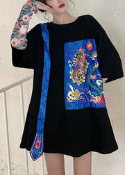 Streetwear Black O-Neck Embroidered tops Half Sleeve