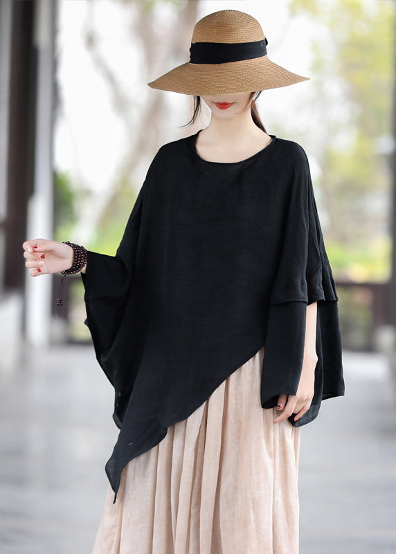 Streetwear Black O-Neck Patchwork Cotton Tops Batwing Sleeve
