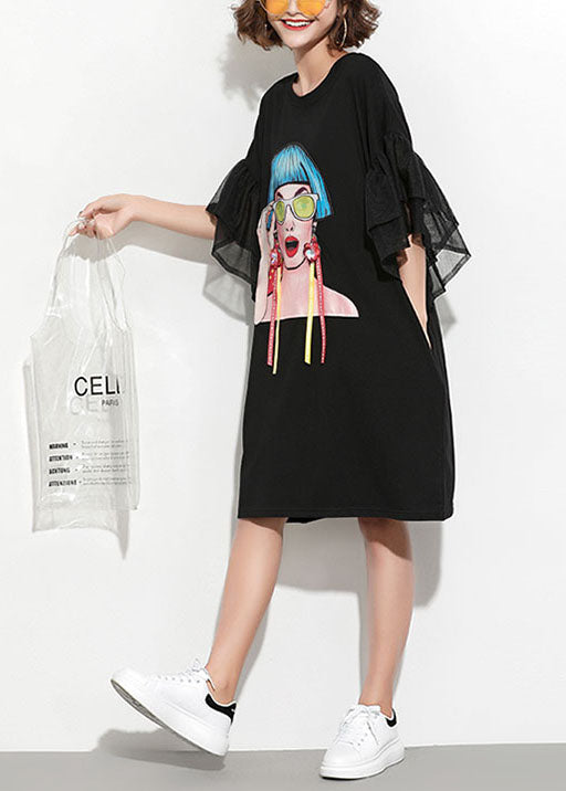Streetwear Black O-Neck Tulle Patchwork Print Tassel Cotton Maxi Dresses Petal Sleeve