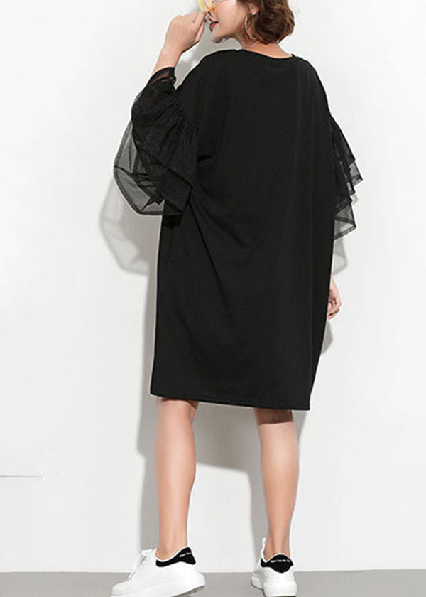 Streetwear Black O-Neck Tulle Patchwork Print Tassel Cotton Maxi Dresses Petal Sleeve