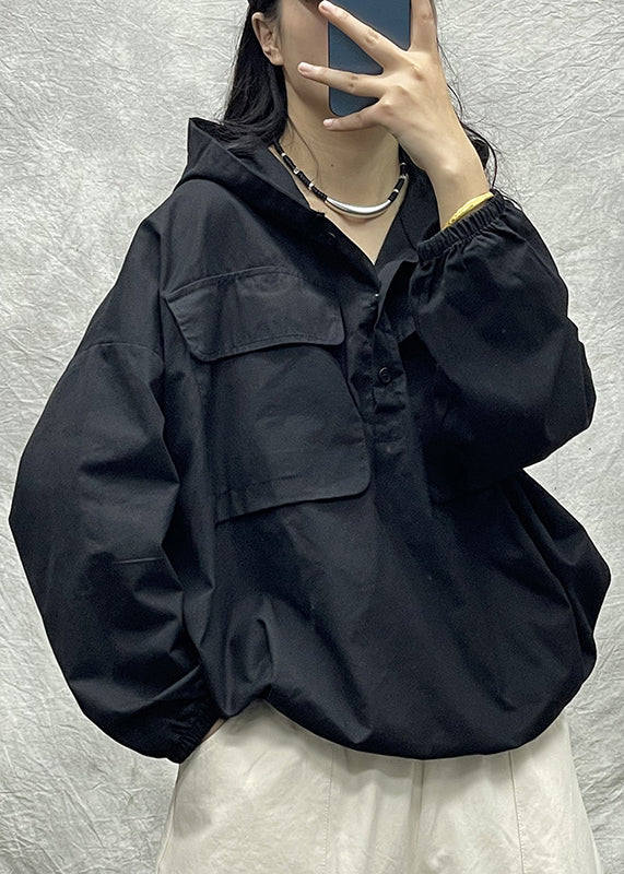 Streetwear Black button Hooded pocket Cotton Loose Sweatshirts Top Long Sleeve