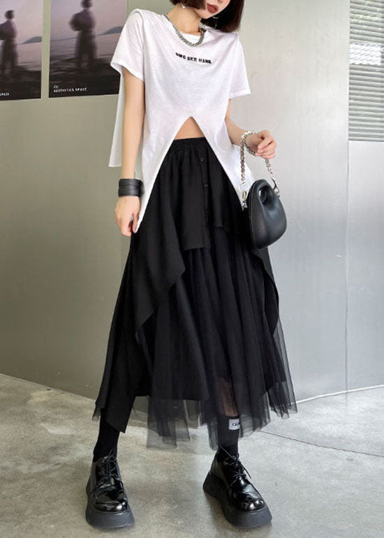 Streetwear Black elastic waist button Asymmetrical tulle Patchwork Skirts Spring
