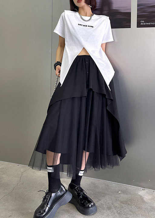 Streetwear Schwarzer elastischer Taillenknopf Asymmetrischer Tüll Patchwork-Röcke Frühling