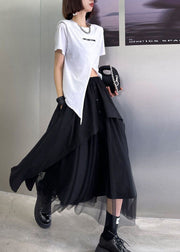 Streetwear Black elastic waist button Asymmetrical tulle Patchwork Skirts Spring