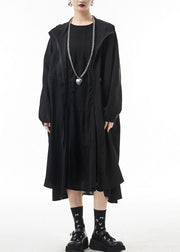 Streetwear Black zippered Hooded drawstring Chiffon trench coats Spring