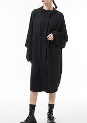 Streetwear Schwarze Trenchcoats mit Kapuze und Kordelzug aus Chiffon mit Reißverschluss Frühling