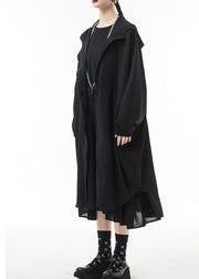 Streetwear Schwarze Trenchcoats mit Kapuze und Kordelzug aus Chiffon mit Reißverschluss Frühling