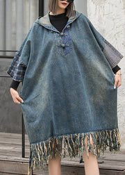 Streetwear Blue Hooded Patchwork Tasseled Denim Dress Batwing Sleeve