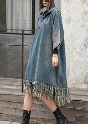 Streetwear Blue Hooded Patchwork Tasseled Denim Dress Batwing Sleeve