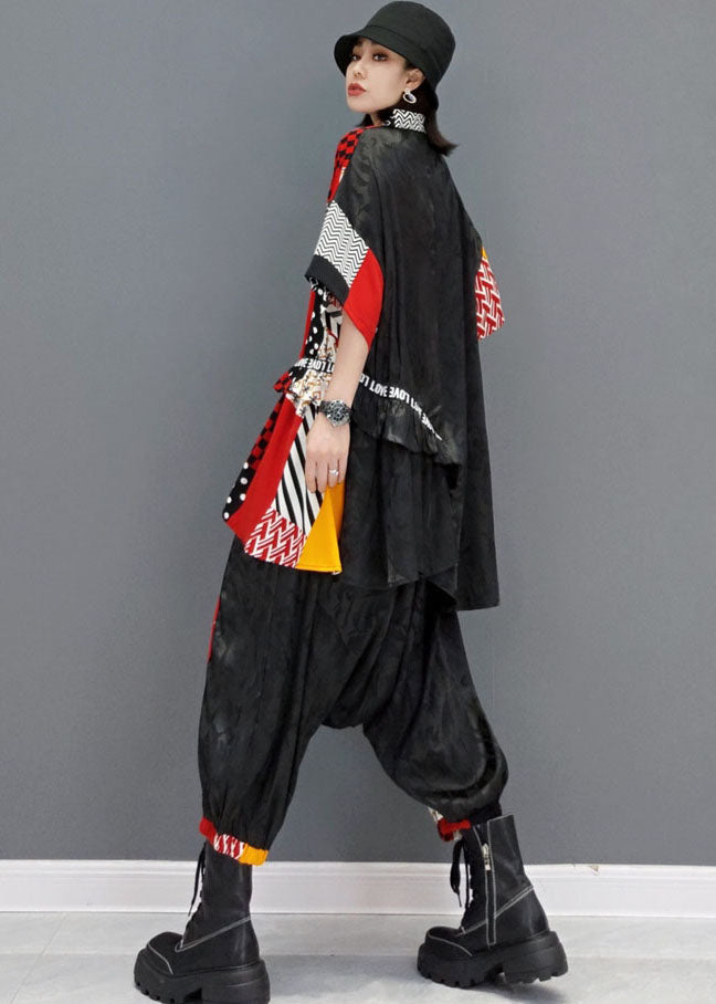Streetwear Colorblock Patchwork Print Tops And Harem Pants Two Piece Outfit Summer