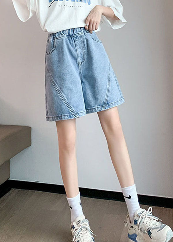 Streetwear Light Blue Elastic Waist Patchwork Cotton Denim Short Pants Summer