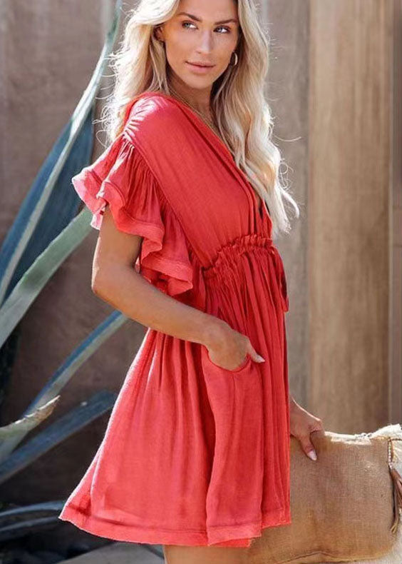 Streetwear Red Ruffled Off The back Cotton Dress Summer