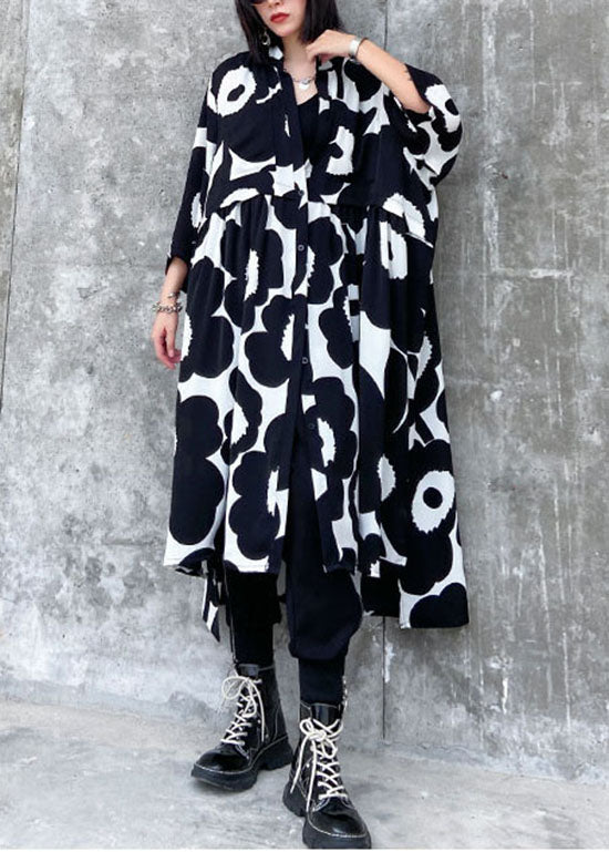 Streetwear black wrinkled Asymmetrical Print Chiffon Dress Spring
