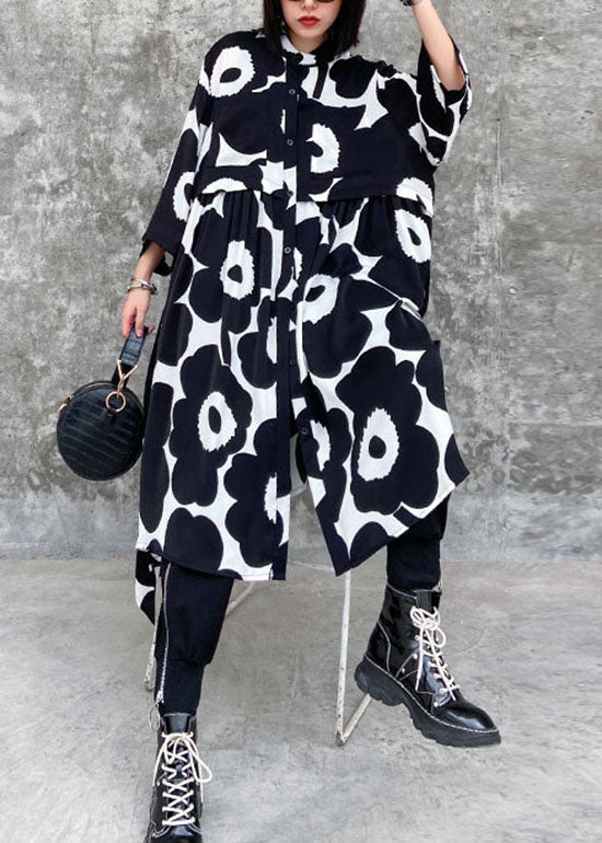 Streetwear black wrinkled Asymmetrical Print Chiffon Dress Spring