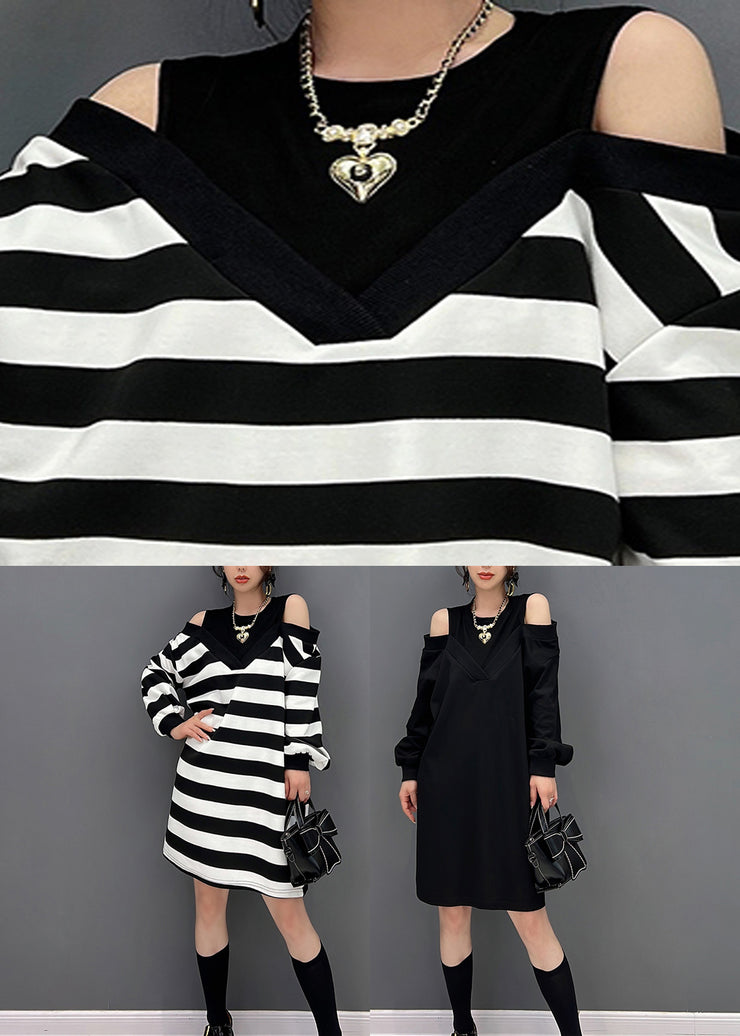 Striped O-Neck Fake Two Pieces Knit Mid Dresses Winter
