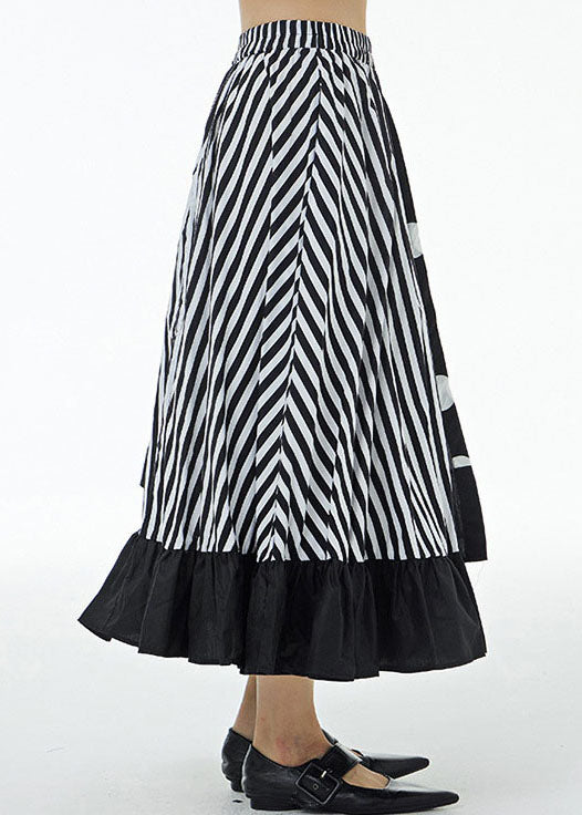 Striped Patchwork Cotton Skirt Ruffled Elastic Waist Summer