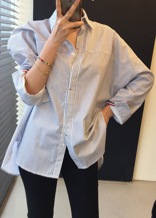 Striped Patchwork Low High Design Shirts Long Sleeve
