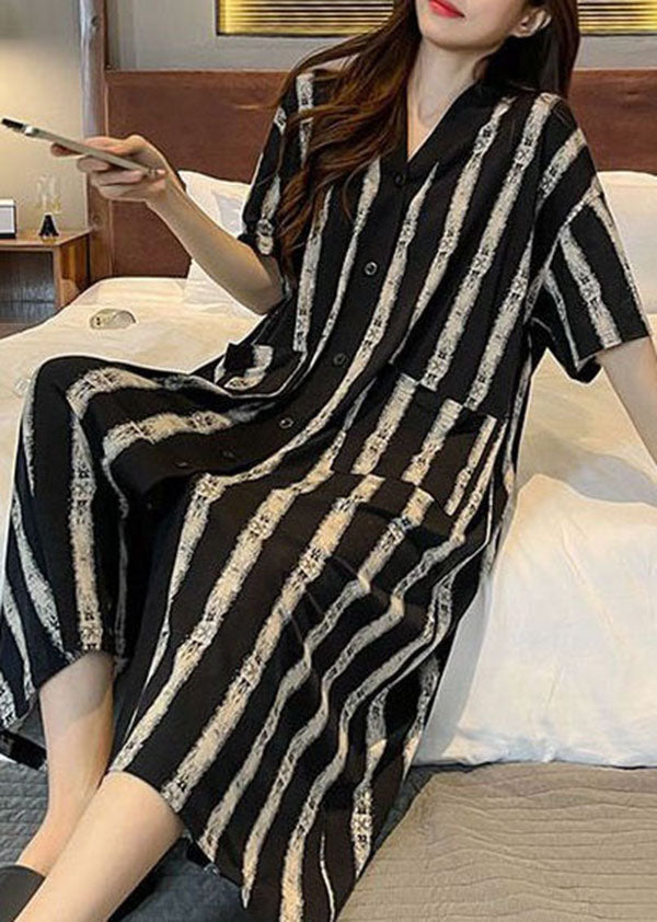 Striped Pockets Patchwork Cotton Pajamas Dress V Neck Summer