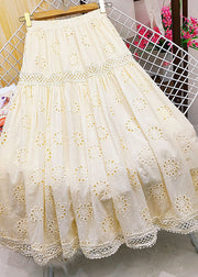 Style Apricot Embroidered Patchwork Lace Hollow Out Cotton Skirt Summer