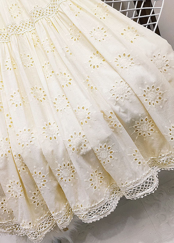 Style Apricot Embroidered Patchwork Lace Hollow Out Cotton Skirt Summer